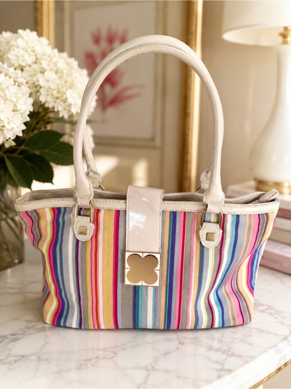 Liz Claiborne Rainbow Stripe Canvas Tote Bag Y2K Coastal Preppy Summer Purse